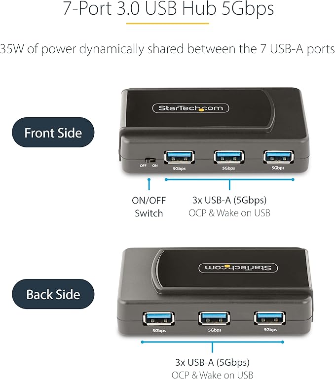 StarTech.com 7-Port USB Hub with On/Off Switch, USB 3.0 5Gbps, USB-A to 7x USB-A, Self Powered USB-A Expansion Hub w/ 35W Power Supply