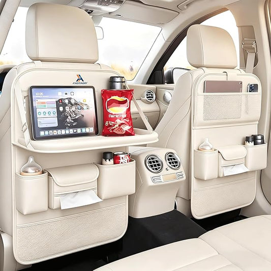 2 Pack Universal Foldable Car Backseat Organizer with Table Tray, Car Seat Back Protector with Touch Screen Phone Holder, Premium Leather Kick Mats with Storage Pockets Tissue Holder (Beige)