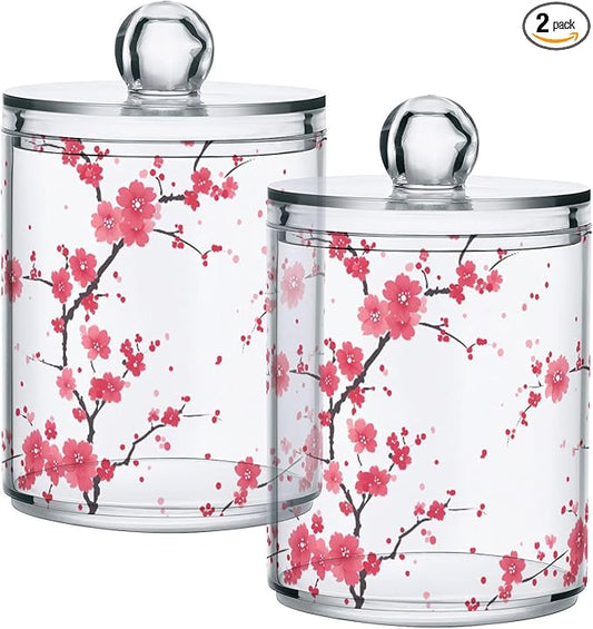 2 Pack Qtip Holder Organizer Dispenser Branches Pink Cherry Blossom Bathroom Storage Canister Cotton Ball Holder Container for Cotton Pads/Swabs/Floss