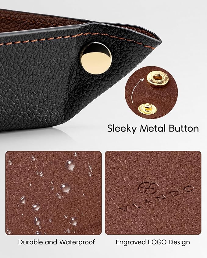 VLANDO Valet Tray for Men Women, Nightstand Organizer Vanity Catchall Holder for Dresser Desk Storage Bedside, Travel PU Leather Jewelry Key Bowl Coin Watches and Candy Entryway Tray - Large, Brown | Large PU leather tray for keys, wallet, watch, coins...