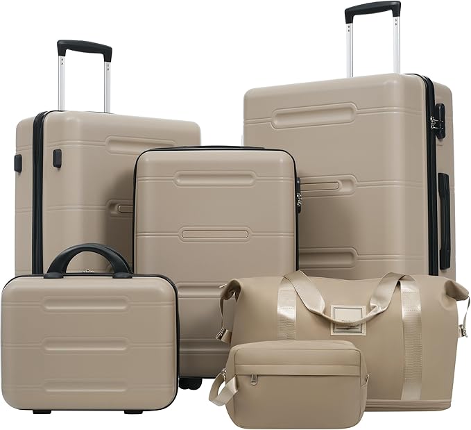 6 Pcs ABS Hardshell Luggage Set Spinner Wheel Suitcase Suitcase Khaki