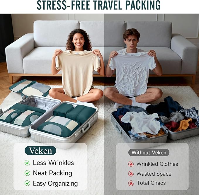 Veken 8 Set Packing Cubes for Travel Essentials,Anti-Wrinkle Buckled Suitcase Organizer for Shoe & Toiletry Bag,Carry On Luggage Bag for Airplane & College Dorm Room Accessories,Women Men Gifts