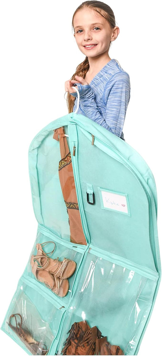 Waterproof Hanging Garment Bag 40 inch Clothes Bag with Gusset, 5 Pockets & Side Zip for Dance Costumes, Sports, Skating, Theatre, Beauty Pageants, Cheer & More by Kendall Country, Sea Foam Green