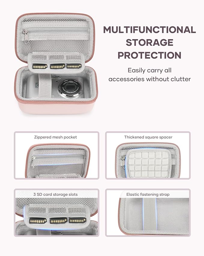 Digital Camera Case Fit for KODAK PIXPRO FZ45/FZ55/ CAMKORY/STUOGYUM DC402-AF/Canon IXUS, Storage Travel Carry Case with 3 SD Card Slots for Kodak Camera, Batteries, SD Card, Pink