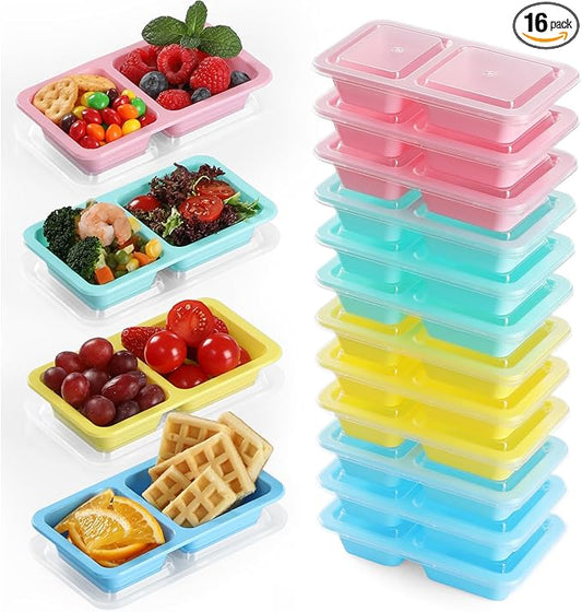 16 Pack 5OZ Reusable Snack Containers, Multicolor Double Compartment Condiment Containers with Clear Lids, Portable Salad Dressing Cups, Leakproof Lunch Boxes for Outdoor, Travel, Work(4 Color)