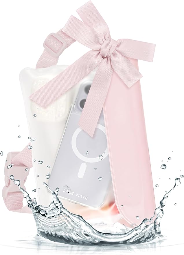 Case-Mate IP68 Bow Waterproof Phone Pouch/Case with Triple Seal Protection, Adjustable Strap - Waterproof Fanny Pack for iPhone 17 Pro Max/iPhone 16 Pro Max/15/14/S26 Ultra/S25/Pixel 10 - Ballet Pink