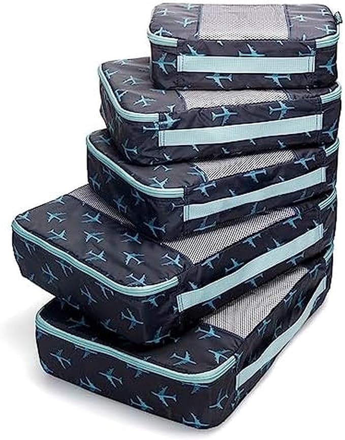 Travel Wise Packing Cubes for Travel - 5 Piece Set with Pattern Design, Lightweight Ripstop Nylon Luggage Organizers with Mesh Panel, Small Medium Large Sizes