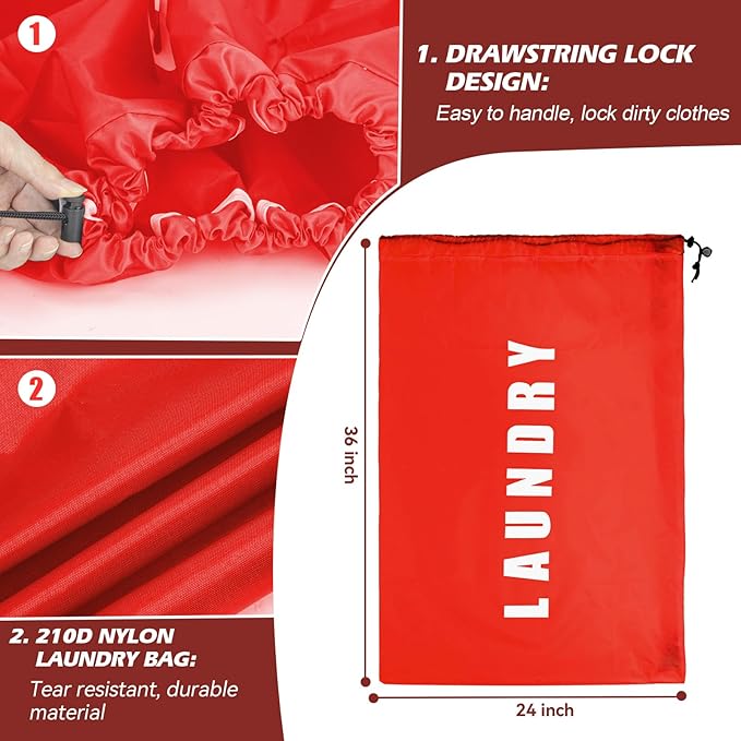 Isink Heavy Duty Laundry Bag with Strap,2 Pack Travel Laundry Bags for Dirty Clothes,24" x 36" Large Laundry Bag for Traveling,Camping,Dorm (Black + Red)