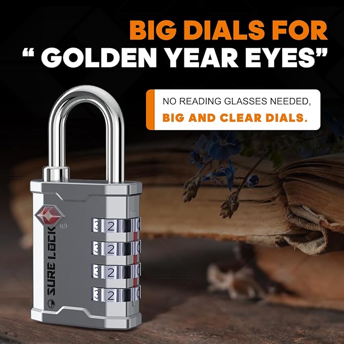 SURE LOCK TSA Accepted 4 Dig Heavy Duty Big Combination Luggage Padlock All Metal Travel Lock for Equipment Hard Case Luggage Gun Case Gym Locker Pelican Vault Lock(2, Silver)