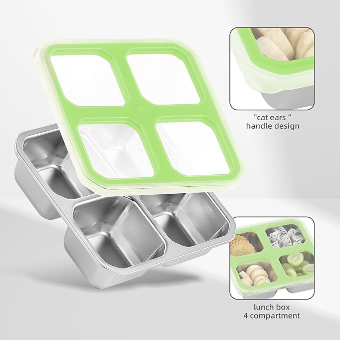 BEFOY 4 Pack Stainless Steel Snack Containers with Lids 4 Compartment Food Storage Containers for Adults & Kids Meal Prep Containers Reusablele (Green, 4)
