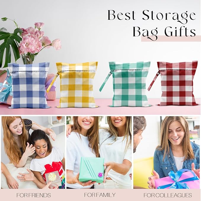 Wet Bag, 4Pcs Wet Dry Bag Set, Reusable Waterproof Bags with Plaid Prints for Women, Ideal for Beach Vacations, Pool Days, Travel & Daily Essentials Storage