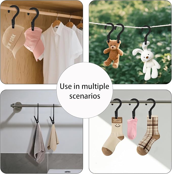 Andiker 4pcs Laundry Hooks with Clips, 5.2" Super Strong Clamping Plastic Single Clip Hangers Portable Travel Hangers with Clips to Hang Socks Towels Boots and Dry Wet Clothes (Black)