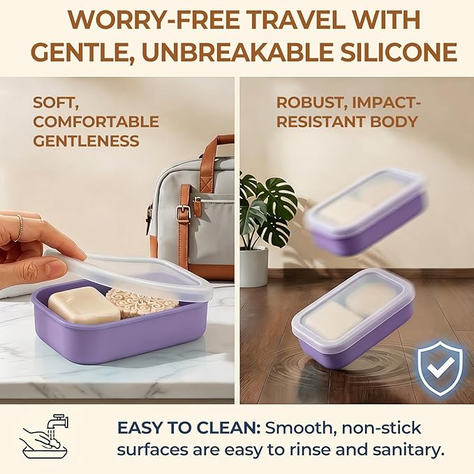 AIMAIAIMAI Silicone Shampoo Bar Travel Case with Drain Pad – Leak Proof Bar Soap Travel Case for 2 Bars, Shampoo & Conditioner Bar Holder for Camping, Gym | 1 Pack, Translucent & Light-Purple