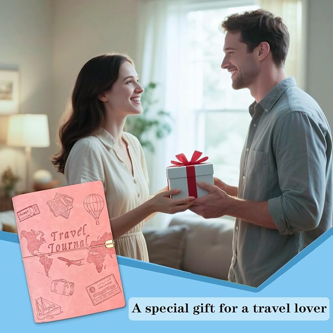 Travel Journal for Women Men and Couples, Leather Travel Notebook with Prompts, Travel Memory Book & Adventure Book (Pink)