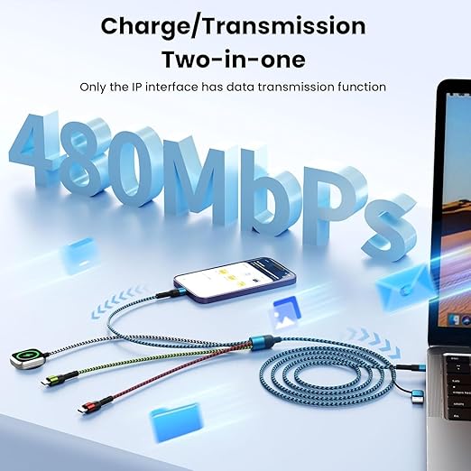 Dual Type C Port Multi Charging Cable Cord for Travel Vacation Essentials, 4 in 2 USB A/Type C/Lightning Cable for iWatch,iPhone 17-11,Xbox Series X&S,Airpods,Home,Office Car Charger, 5FT
