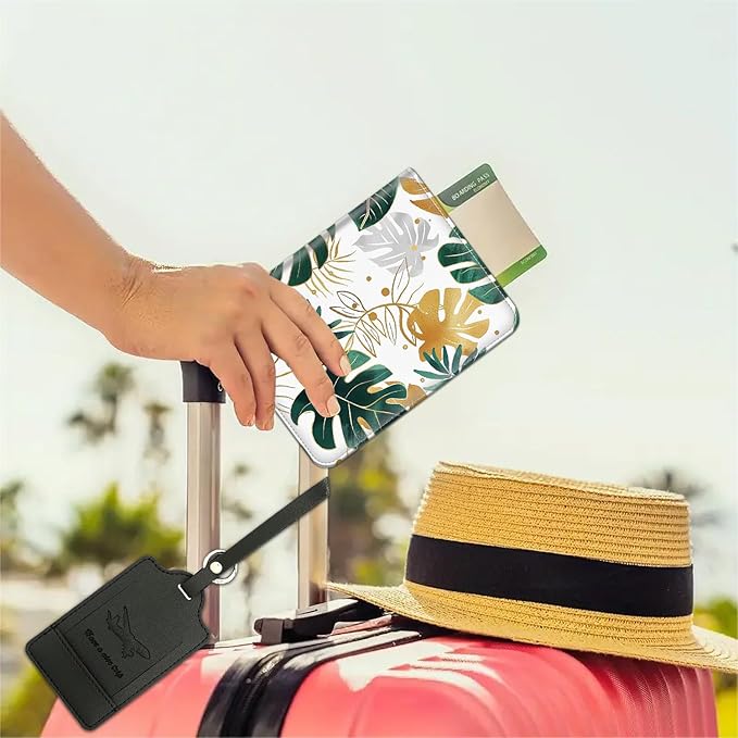 Passport Wallet, Passport Holder with RFID Blocking and Luggage Tag, Waterproof PU Leather Travel Documents Organizer Case, Passport Covers with Card Slot for Women & Men, Tropical Leaves Botanical