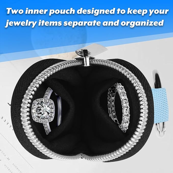 Portable Ring Organizer Case with Keychain, Traveling Ring Holder Storage Bag, Anti-Lost Keychain Container for Rings, Jewelry (1, Light Blue)