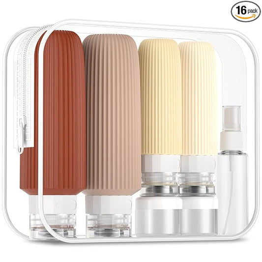 Mrsdry 16 Pack Travel Bottles for Toiletries, 6oz Silicone, Leak Proof, Reusable, Oval, Perfect for Travel, Vacation, Plane Trip, Camp