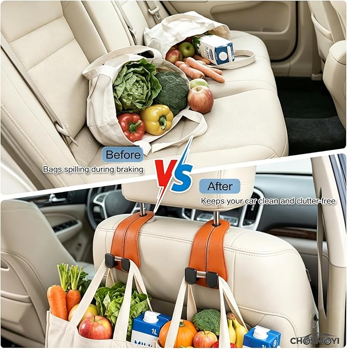 CHOSMOYI 2 Packs Car Seat Hooks, Leather Car Headrest Hook, Car Purse Hook Seat Back Hanger Storage Organizer, Car Hook for Purses and Bags(Coral Orange)