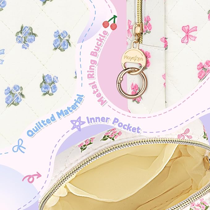 Floral Period Bag, Small Period Pouches for Teen Girls, Quilted Sanitary Napkin Storage Bag, Compact Discreet Pad and Tampon Holder for Purse (Floral-Blue)