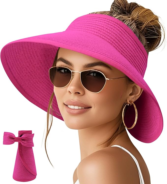 NPQQUAN Sun Visor Hats for Women Wide Brim Ponytail Straw Beach Hat Packable Foldable UPF 50+ Floppy Travel Hats