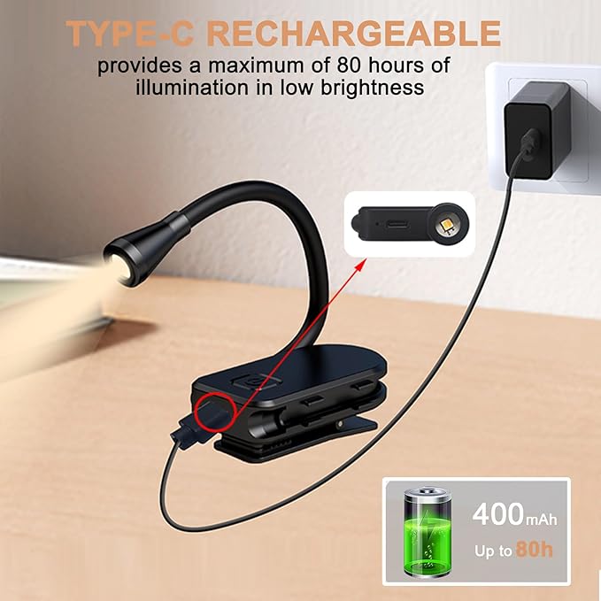 Minsk Portable Rechargeable Book Light, Clip On Reading Lamp with 360° Flexible Neck, Eye Caring 3 Color Dimming Light, Compact Lightweight Reading Light for Travel, Camping, Bed, Study