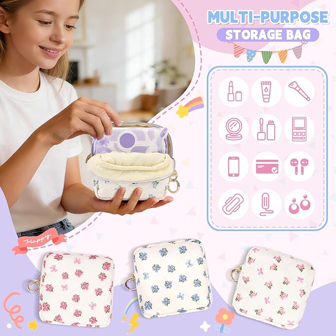 Floral Period Bag, Small Period Pouches for Teen Girls, Quilted Sanitary Napkin Storage Bag, Compact Discreet Pad and Tampon Holder for Purse (Floral-Blue)