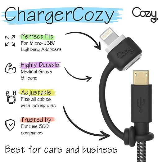 Cozy [10-Pack Silicone Charging Cable Keeper and Adapter Tether - Compatible with Micro USB and Apple Pencil Charging Components - Secure Black Cord Holders for Keychain, Car, and Travel