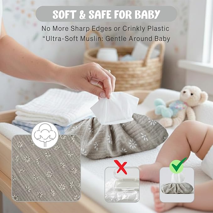 Baby Wipes Cover – Universal Size, One Size Fits All Wipes Packages | Muslin Cotton Tissue Cover for Nursery, Diaper Bag & Changing Table, Station | Gingham & Neutral Patterns (Beige Daisy)