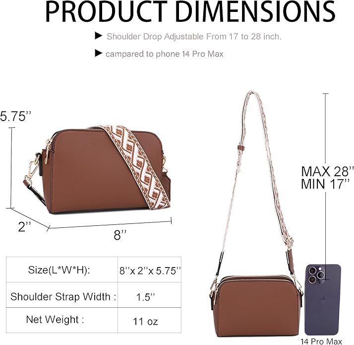 EVVE Crossbody Bags for Women Trendy Triple Zip Small Crossbody Camera Bag Purse with Wide Guitar Strap