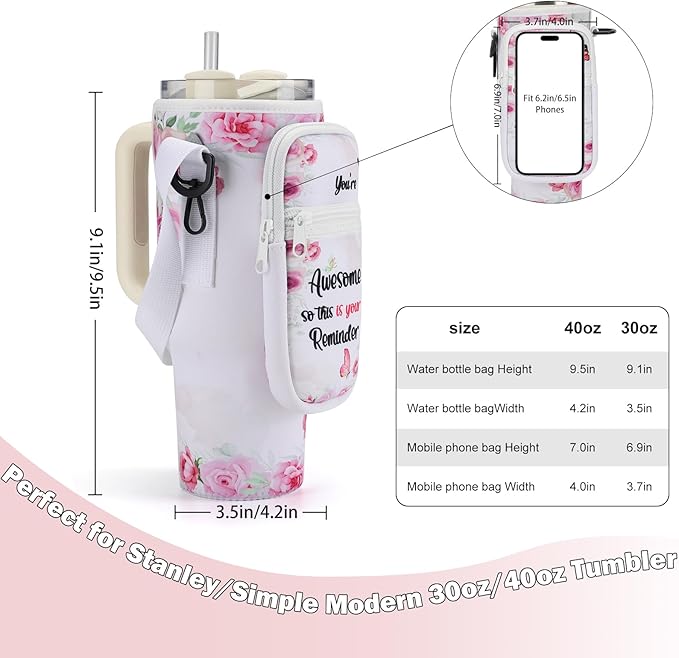 GOEWY Water Bottle Carrier Bag for Stanley 40/30 oz Tumbler with Phone Pocket Neoprene Water Bottle Holder with Shoulder & Handheld Strap Stanley Cup Accessories