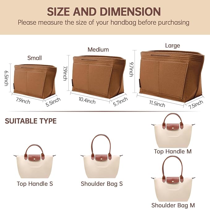 OPPOSHE Purse Organizer Insert for Longchamp Le Pliage, Premium Felt Long Champ Bag Handbag Women, Tote Organizer Insert with 9 Compartments (Medium, Earth Brown)