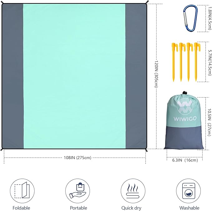 WIWIGO Beach Blanket Waterproof Sandproof Beach Mat 79" X 83"/10'x9'for 2-8 Adults Quick Drying Outdoor Picnic Mat Beach Accessories for Travel, Camping, Hiking
