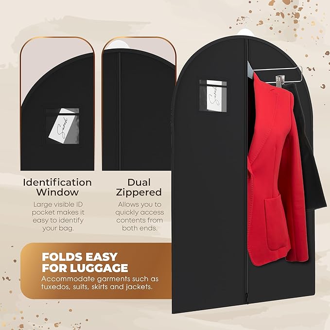 Your Bags Travel Garment Bag – Durable Zippered Single Suit Bag for Storage – Water-Resistant Clothes Cover - Hanging Garment Bags for Travel with ID Pocket – 40" x 24" - Black (Pack of 3)