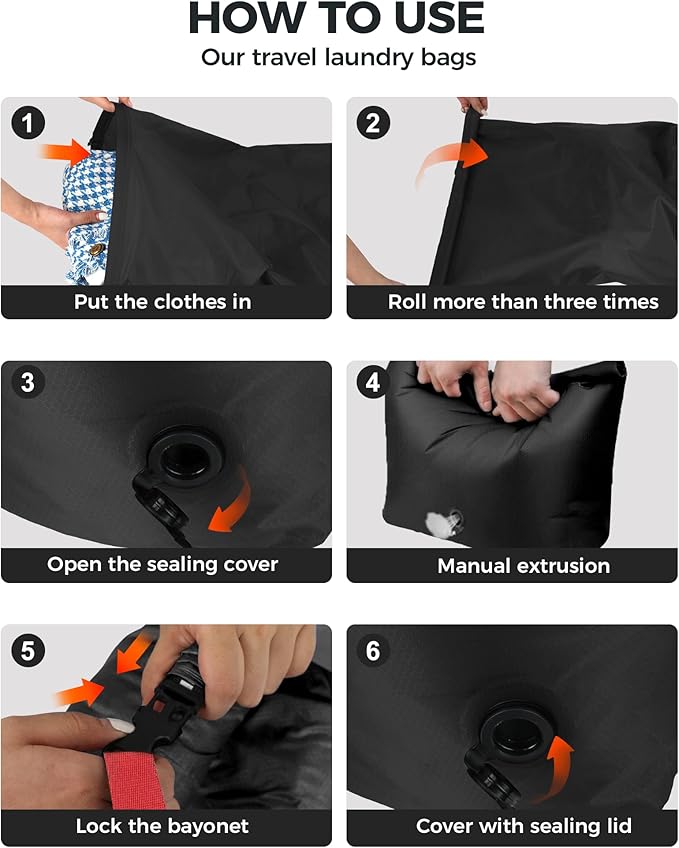 Travel Compression Laundry Bag, Pump-Free Vacuum Space Saver Bag for Dirty Clothes, Reusable Waterproof Wet Dry Bag, Travel Laundry Bag for Luggage, Packing, Suitcase (1 Pcs)（Black, L)