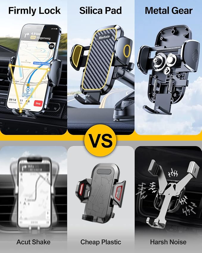 Rorhxia 3-in-1 Phone Mount for Car [2025 Most Stable and Flexible Suction Cup] Vent Dashboard Windshield Cell Phone Holder Car Fit for iPhone, Samsung, All Phone