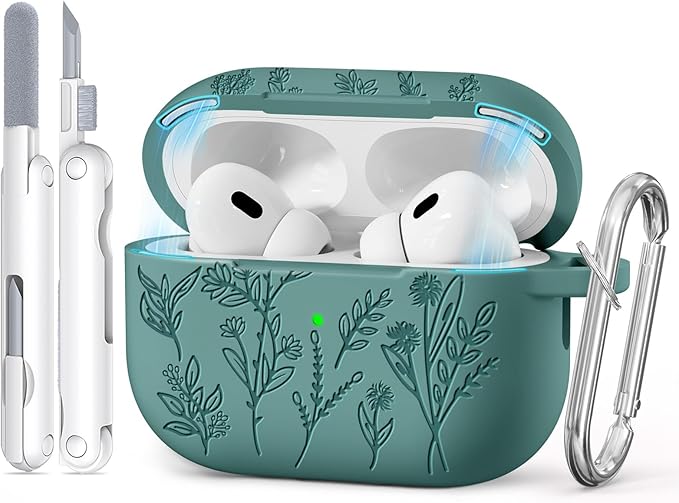 for AirPods Pro 2 Case with Magnetic Lid, Ekoonpft Flower Engraved Silicone Case for Apple AirPods Pro 2nd/1st Generation (2023/2022/2019) Cover with Cleaning Kit & Keychain