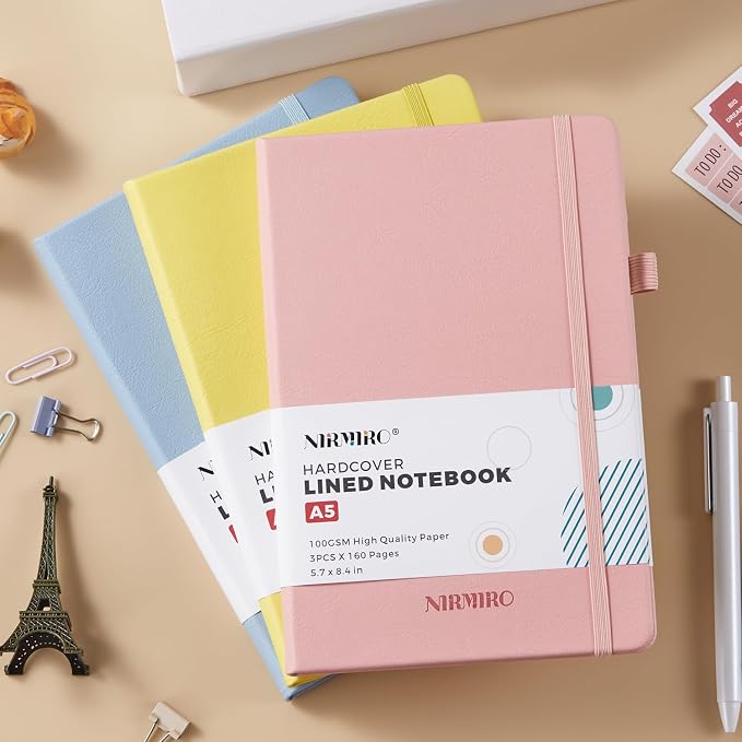 Lined Journal Notebook for Women Men, A5 (5.7"x8.4"), 3 Pack 160 Pages Hardcover Journaling Notebooks with Pen, 100GSM Paper, for Work,Writing,Travel,Business, School Office Supplies, Pink Yellow Blue