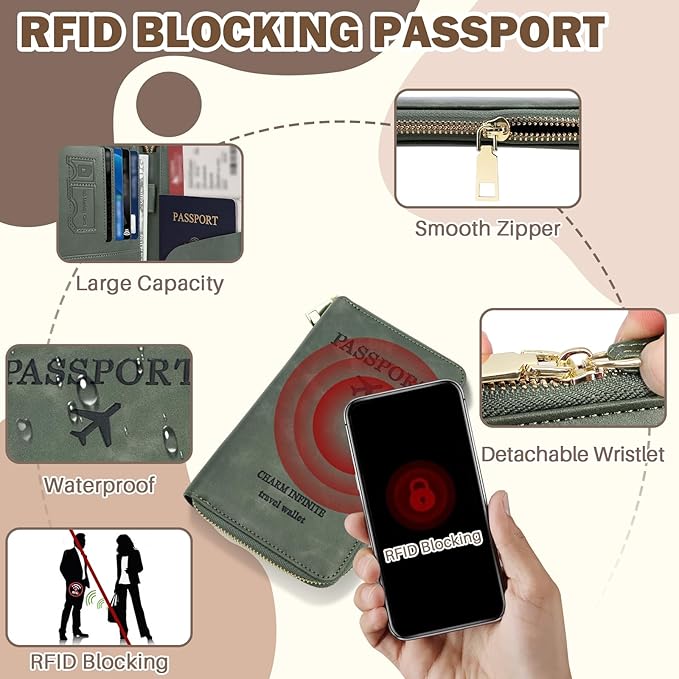 RFID Blocking Passport Wallet, Anti Theft PU Leather Passport Pouch with Tracker Case, Travel Document Organizer Zipper Wallet with Wrist Strap, Gifts for Women and Men (Green)