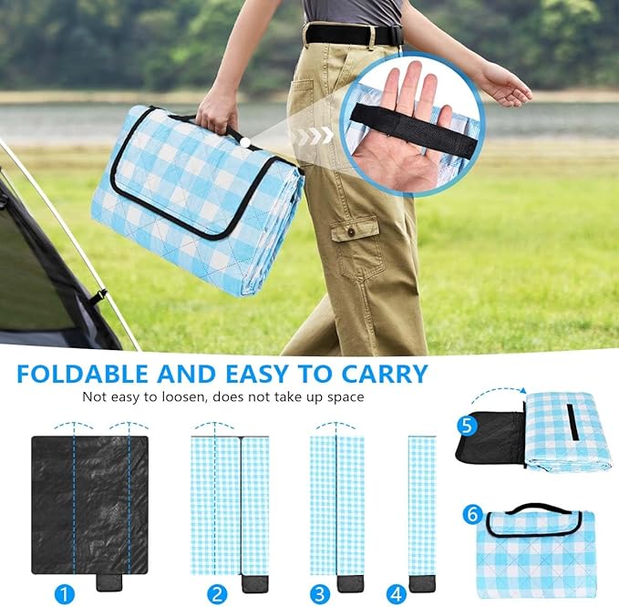 OBTANIM Extra Large Picnic Blanket 60 x 80 Inch Waterproof Foldable Beach Blankets Outdoor Picnic Mat for Camping Grass Lawn Park Music Festival Party Accessories (Blue and White)