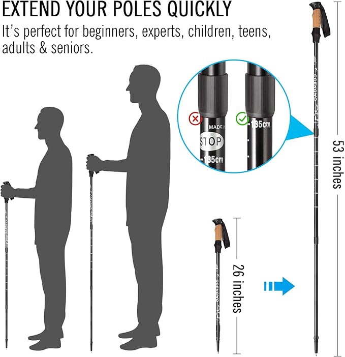 Trekking Poles Collapsible Hiking Poles, COENGWO Aluminum 7075 Walking Poles Sticks with Adjustable Lock for Mountaineering, Camping, Backpacking, 2 Poles