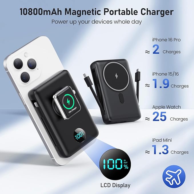 Ekrist Magnetic Portable Charger for MagSafe with Built-in Cable,iWatch Charger,Wireless Power Bank Travel Essentials,25W Fast Charging Battery Pack for iPhone 17/16/15,Apple Watch(Black,10800mAh)