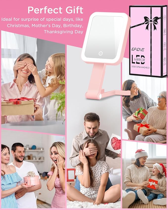 EAONE Magnifying Mirror with LED Light, Double Sided Travel Makeup Mirror 10X/1X with Storage Bag, 3 Color Lighting & Dimmable Touch Screen for Trip, Desk, Bathroom (10.3 x 5.2IN)- Pink