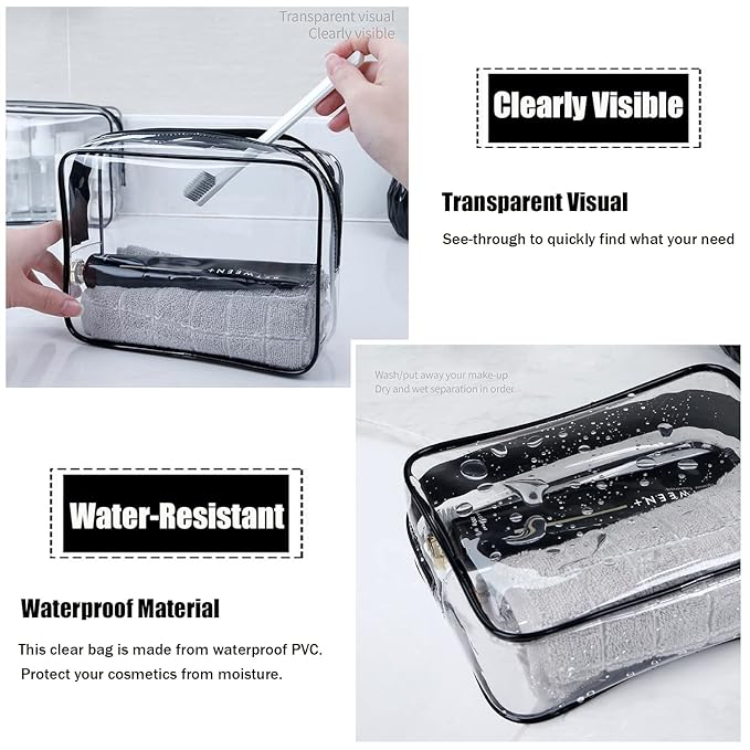 MODENGKONGJIAN TSA Approved Clear Toiletry Bag, 2 Pack Clear Quart Size Travel Makeup Cosmetic Bags with Handle Large Opening, Carry on Airport Airline Compliant Bag for Women Men (Gold)