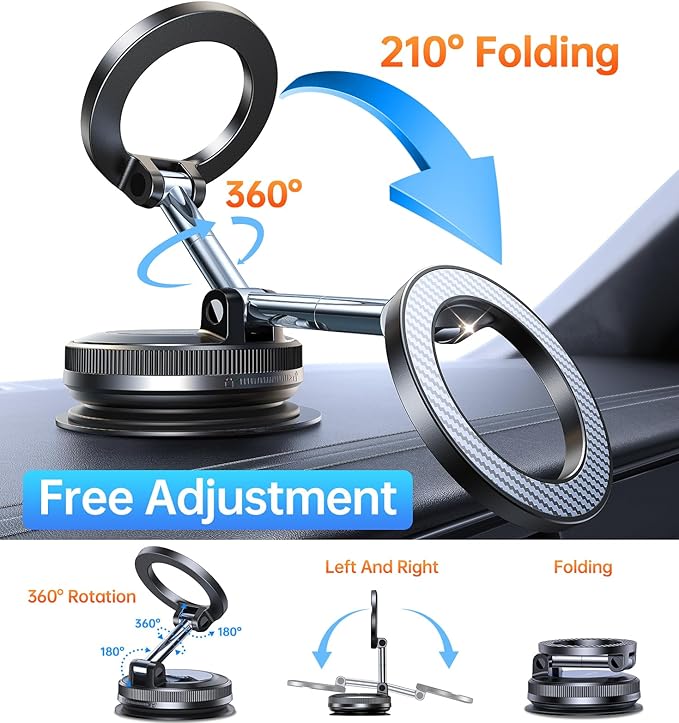 Coolpow【Newest Vacuum Magnetic Phone Holder for Car Phone Holder Mount【Movable Vacuum Suction】Magsafe Car Mount Cell Phone Holders for Your Car Accessories for Women Men for iPhone 17 16(Carbon Fiber)