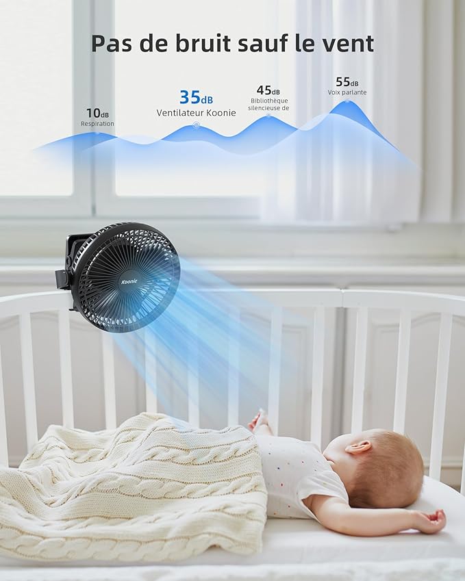 Koonie 10000mAh Clip on Fan Rechargeable, 8-Inch Battery Operated Desk Fan, USB Fan, 4 Speeds, Strong Airflow, Sturdy Clamp for Golf Cart Office Desk Outdoor Travel Camping Tent Gym Treadmill,Black