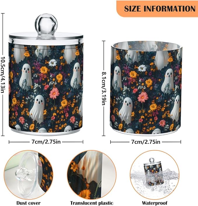 2 Pack Qtip Holder Organizer Dispenser Cute Ghosts with Flowers Bathroom Storage Canister Cotton Ball Holder Container for Cotton Pads/Swabs/Floss