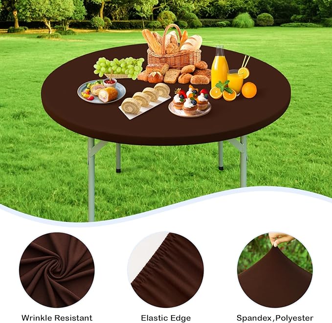 Wolkemer 2 Pack 5 Foot Brown Fitted Tablecloth 60 Inch Round Elastic Edges Table Cloth, Spandex Stretch Table Cover with Machine Washable Fabric for Wedding Party Picnic Dining Indoor Outdoor