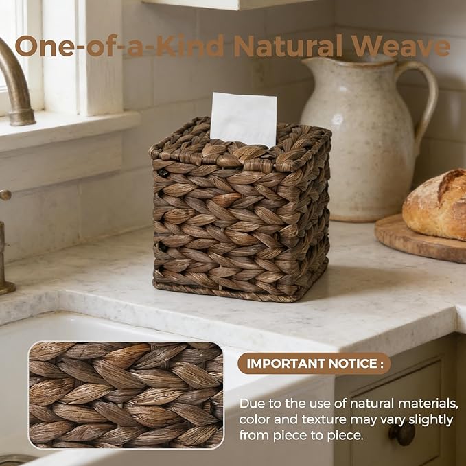 2 Pack Tissue Box Cover, Square Wicker Tissue Box Holder Facial Tissues Boxes, Hand Woven Napkin Box Tissue Holder for Bathroom Bedroom Office Table Desk Night Stand, Boho Decorative, Brown
