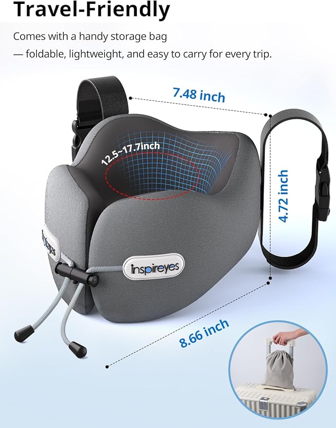 Inspireyes Neck Pillow, Travel Pillow with Seat Strap, 3D Sleep Mask, Dual Support Neck and Head, High Supportive Foam Airplane Pillow for Long Flight, Stop Bobblehead Travel Essential, Lake Blue